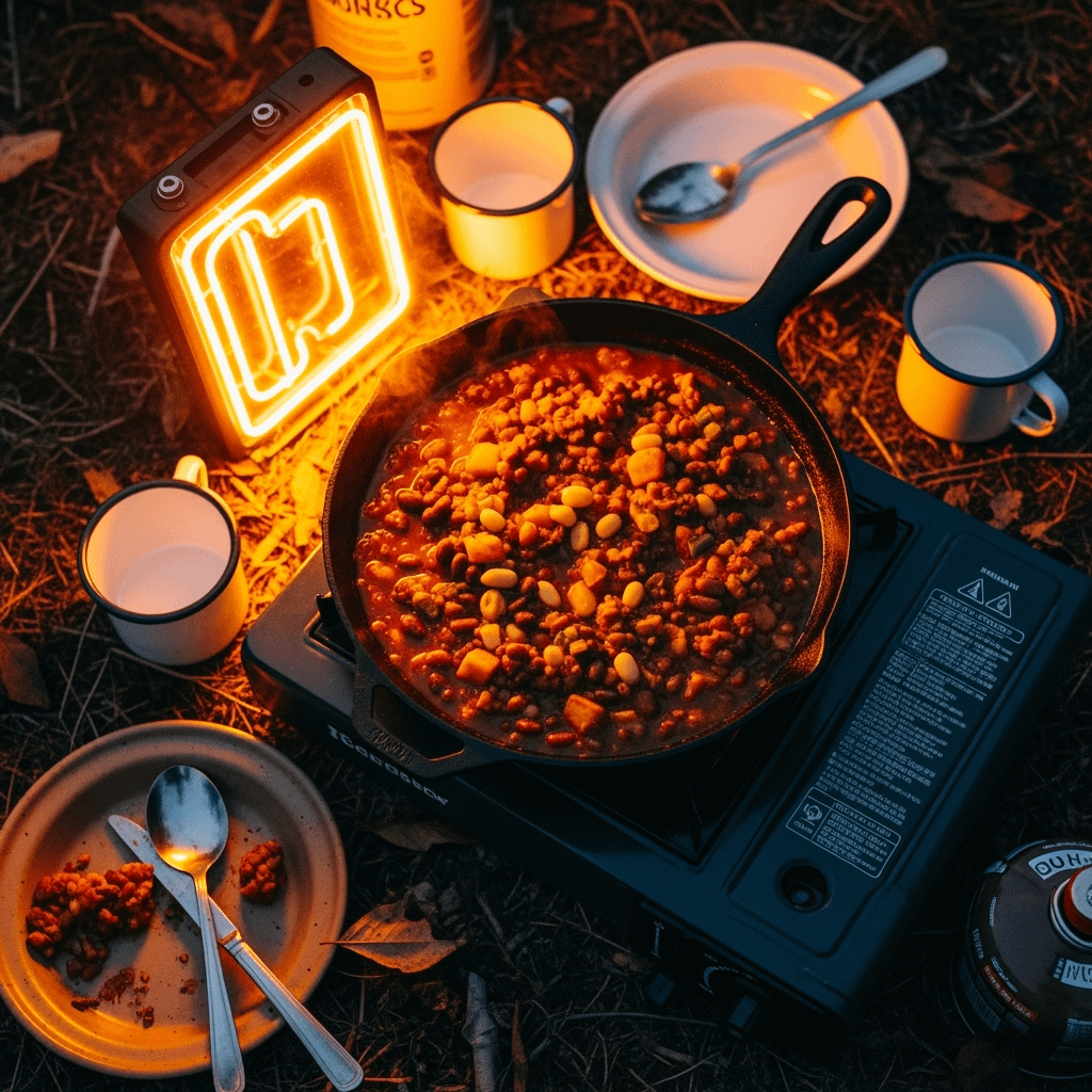 Cast iron skillet filled with chili on a camping stove surrounded by mugs and plates.
