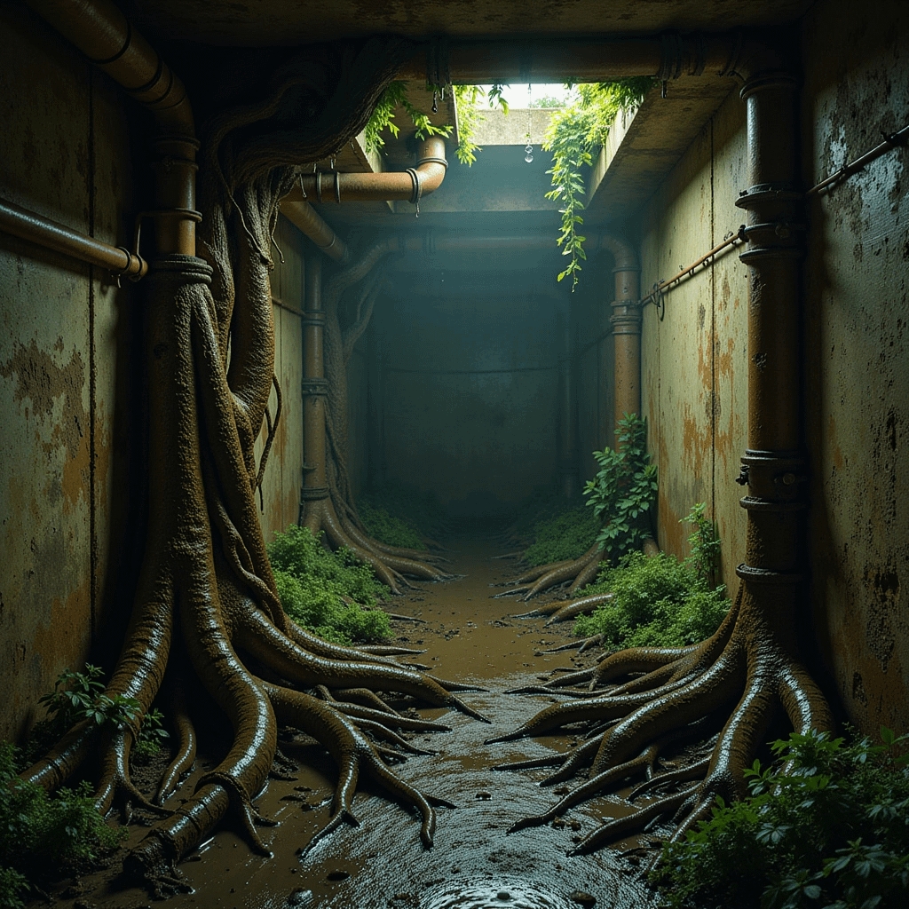 An underground passage featuring large tree roots extending from the walls and floor.