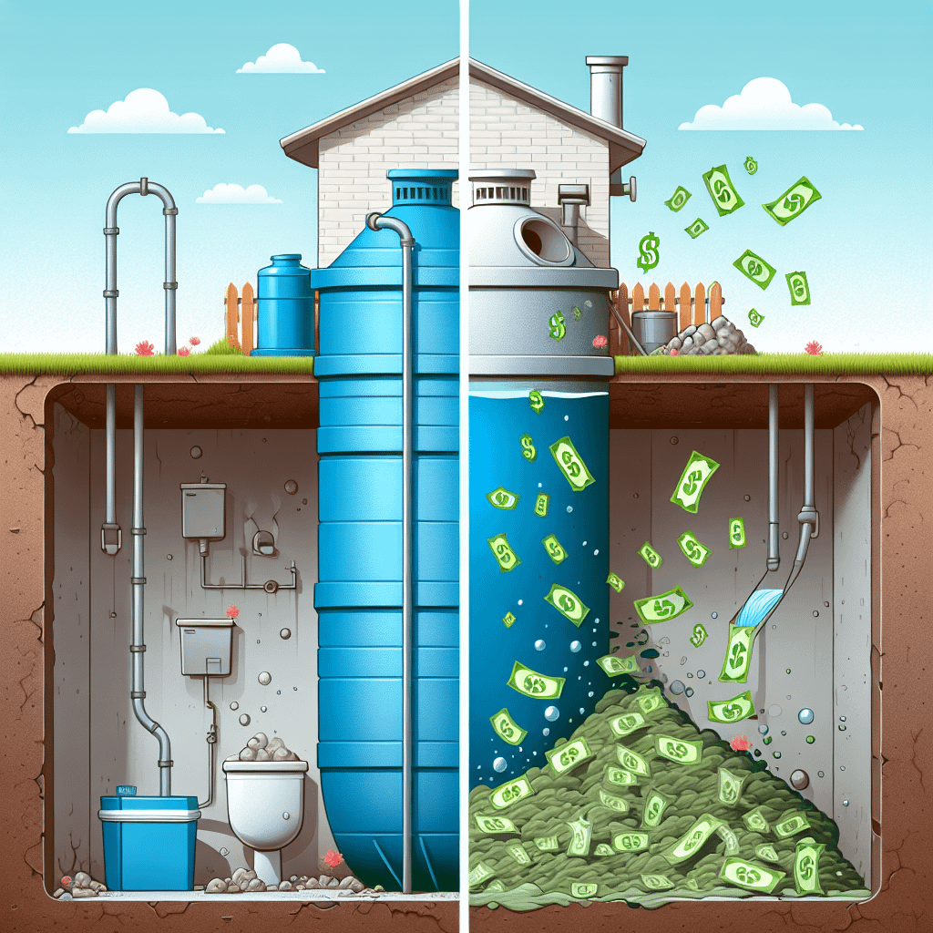 Illustration showing a septic system with money symbols emerging from a tank and pipes.