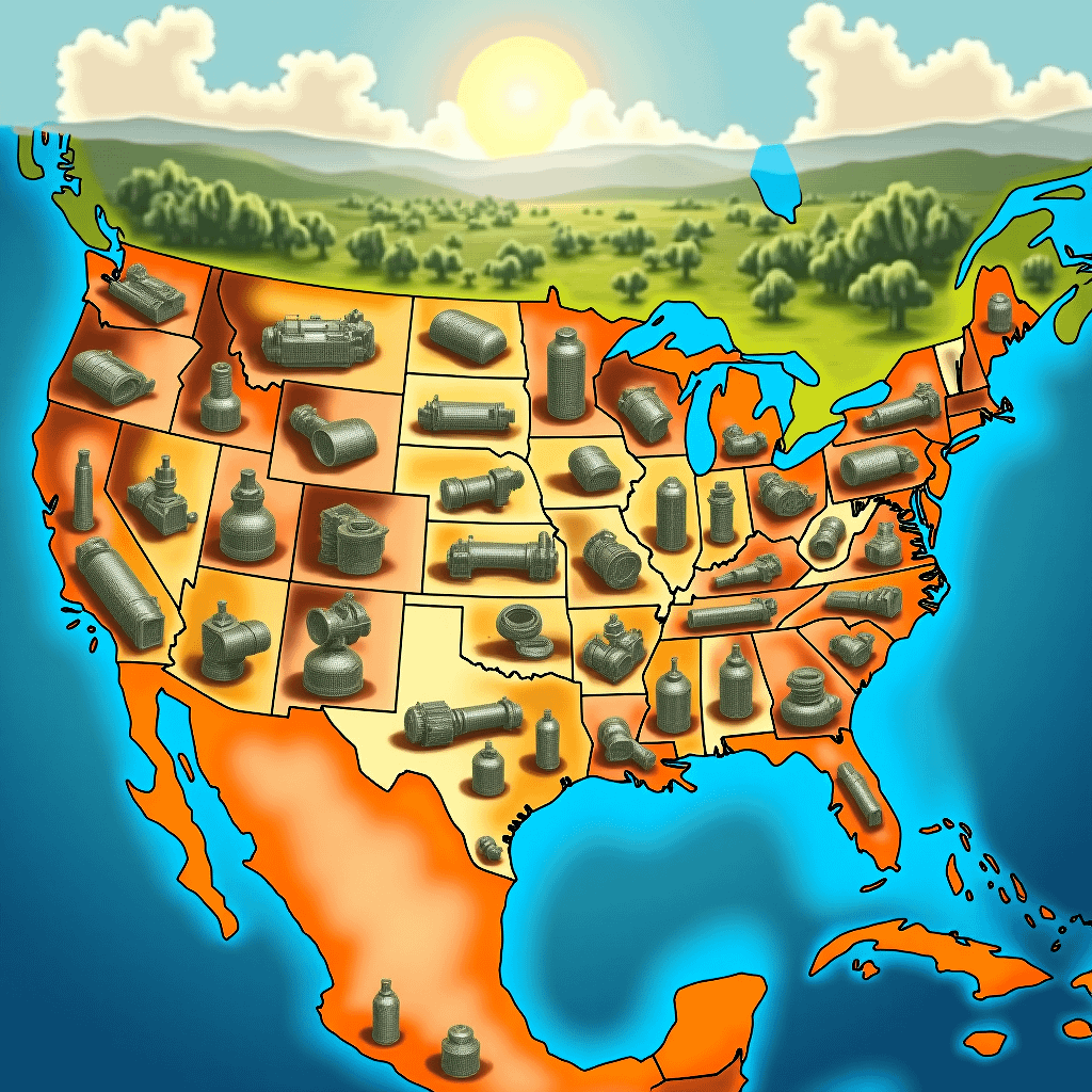 Illustrated map of the United States with various objects represented in each state.
