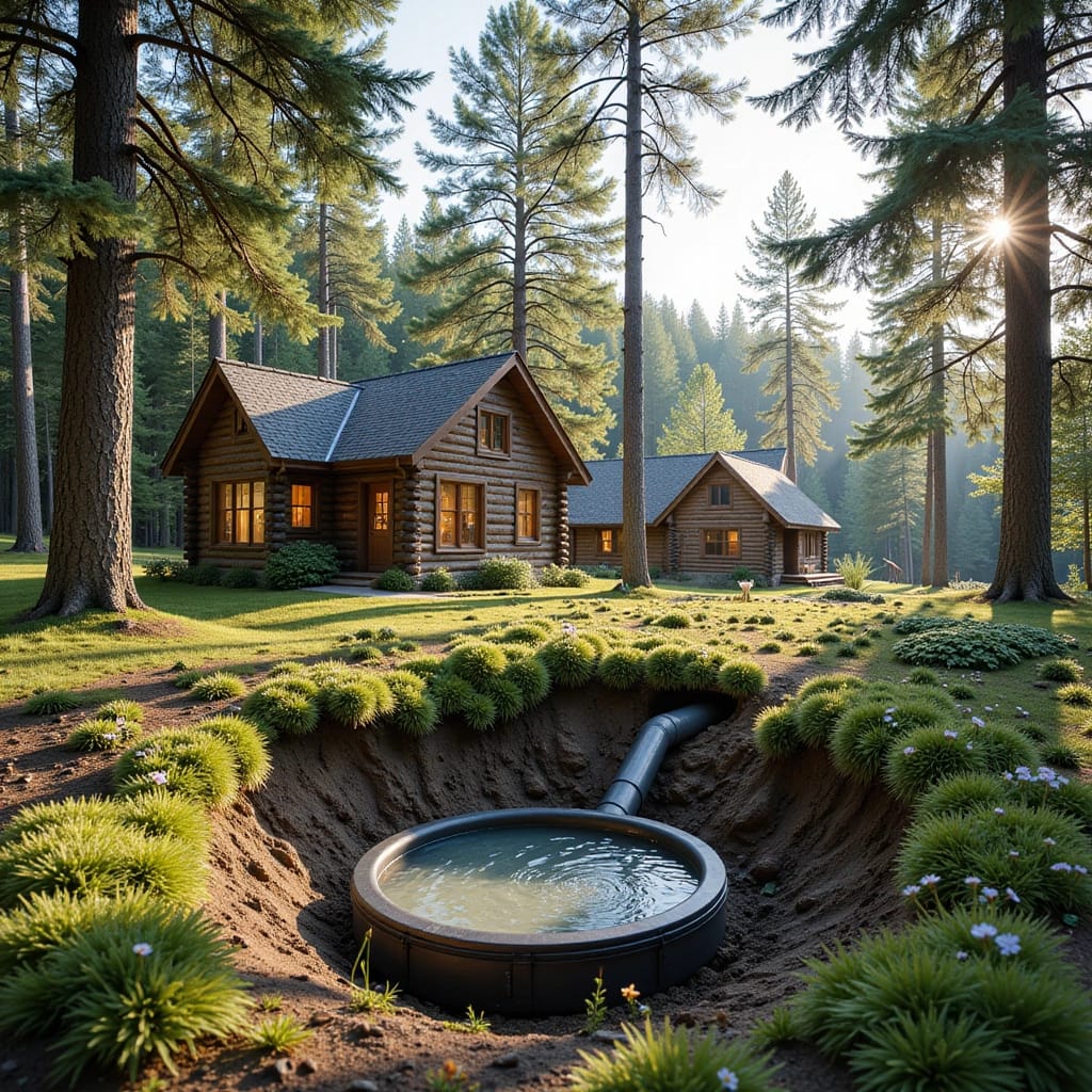 Log cabin houses surrounded by trees with a circular water feature in the foreground.