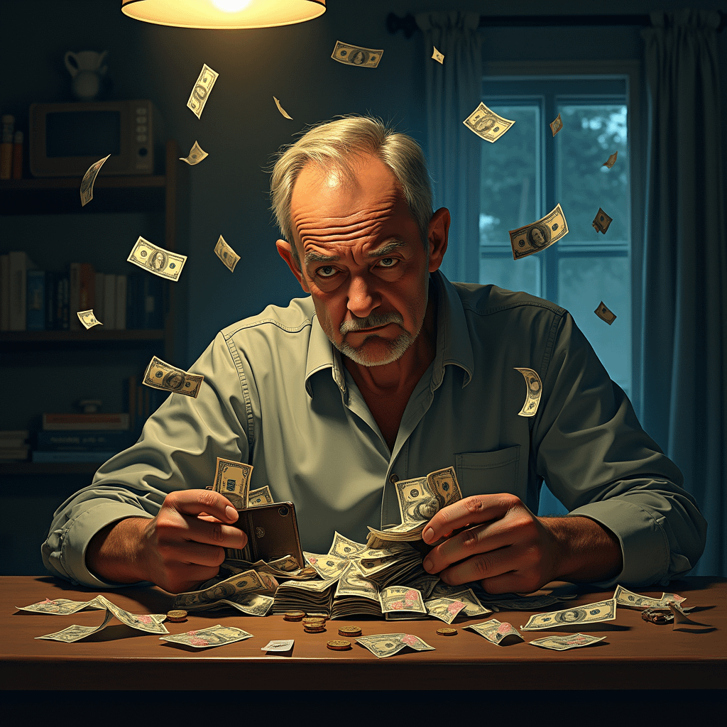 An older man sitting at a table surrounded by scattered dollar bills and coins while counting money.