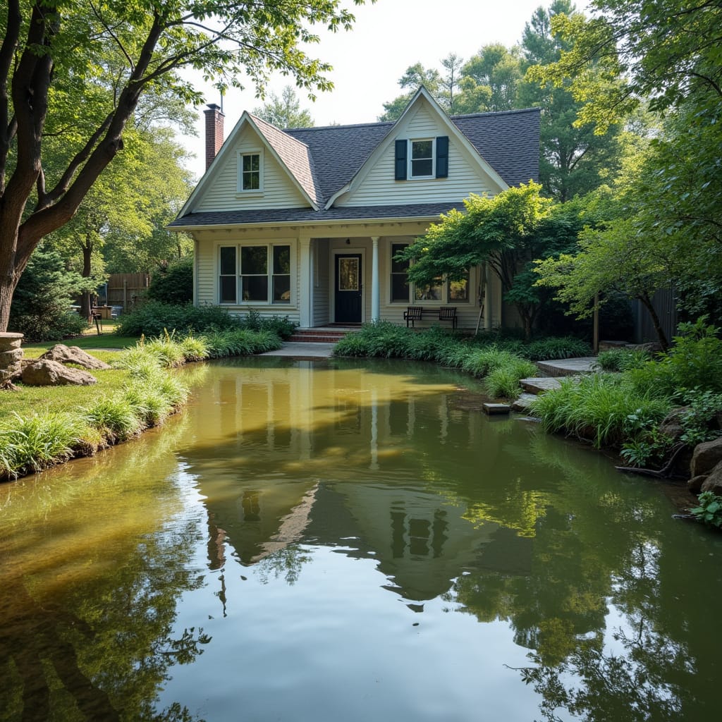 A house with a sloped roof reflected in a pond surrounded by greenery.