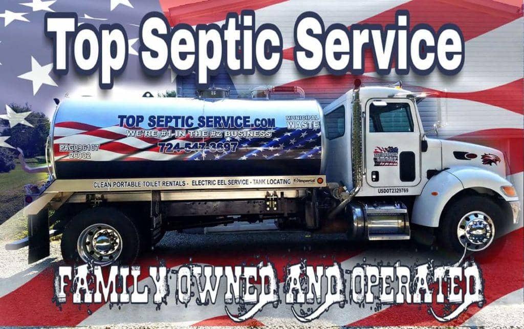 A septic service truck with the company name and contact information displayed on its side.