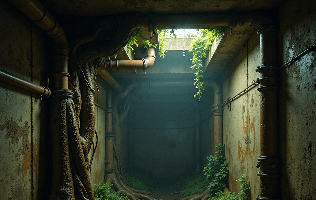 An underground passage featuring large tree roots extending from the walls and floor.