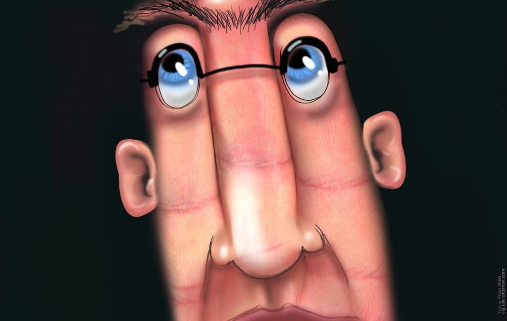 An illustration of a character with a face made of fingers, wearing glasses and looking upward.
