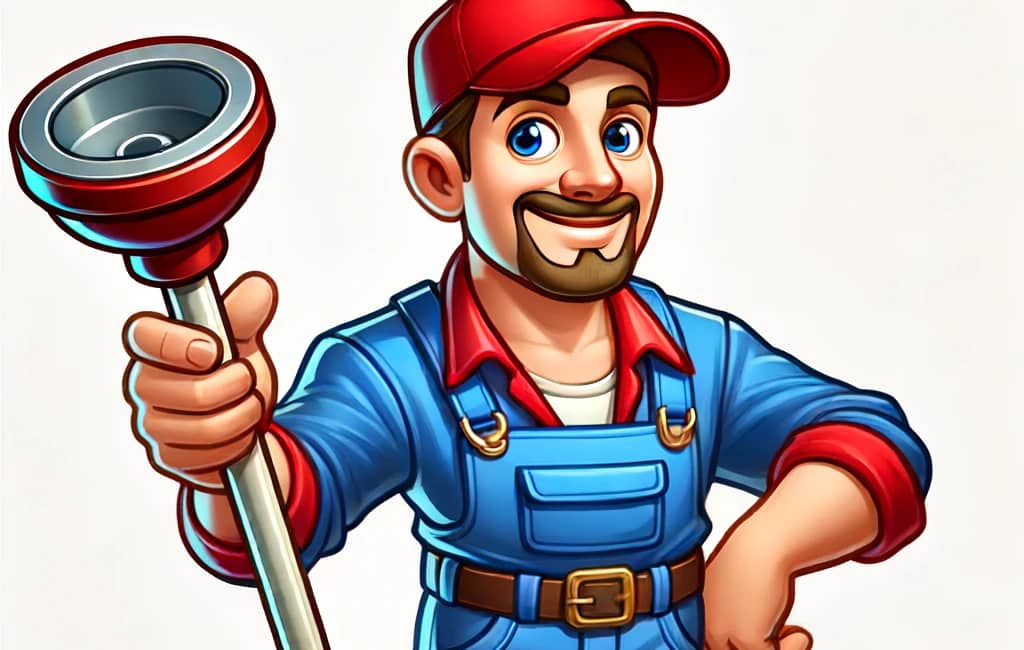 DALL·E 2024 06 17 09.55.50 A cartoon image of a plumber holding a plunger. The plumber is a middle aged man with a friendly expression, wearing a blue jumpsuit, a red cap, and b