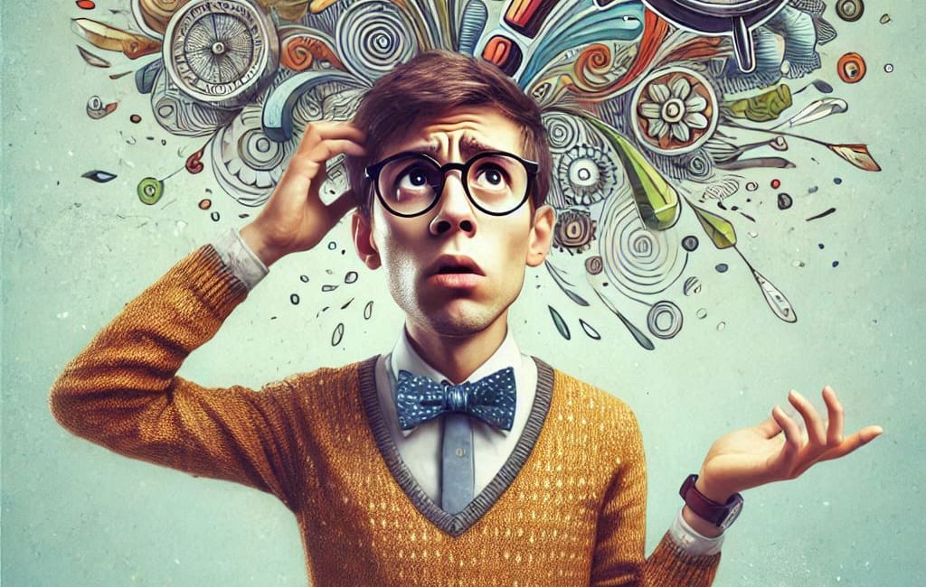 a man scratching his head in confusion, whimsical style
