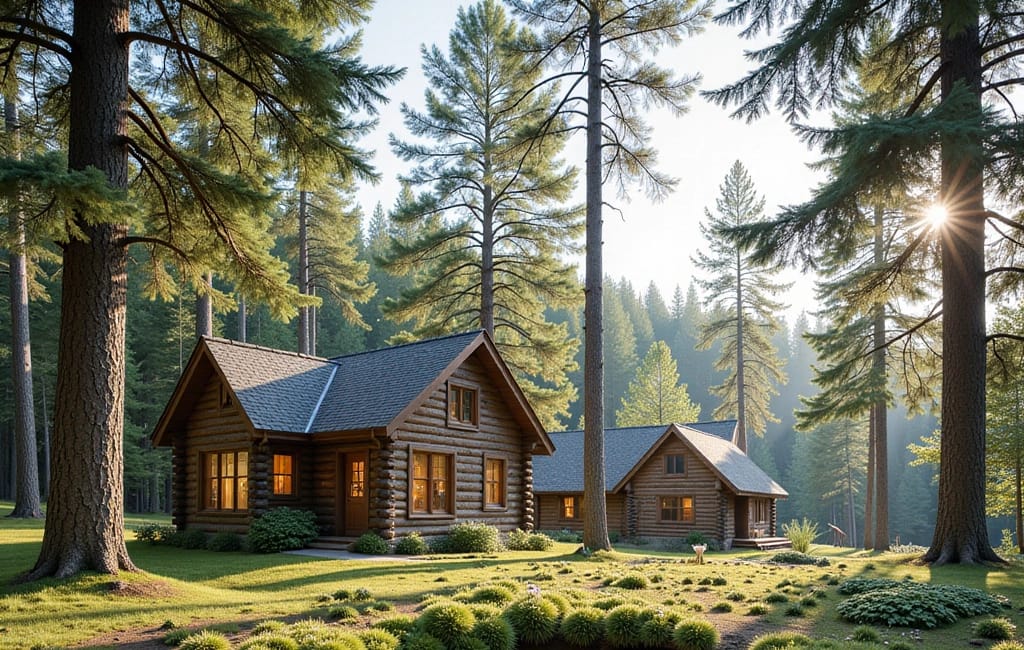 Log cabin houses surrounded by trees with a circular water feature in the foreground.