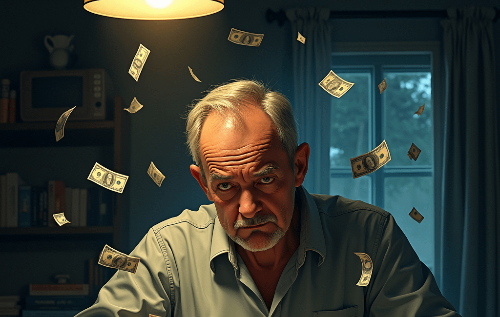 An older man sitting at a table surrounded by scattered dollar bills and coins while counting money.