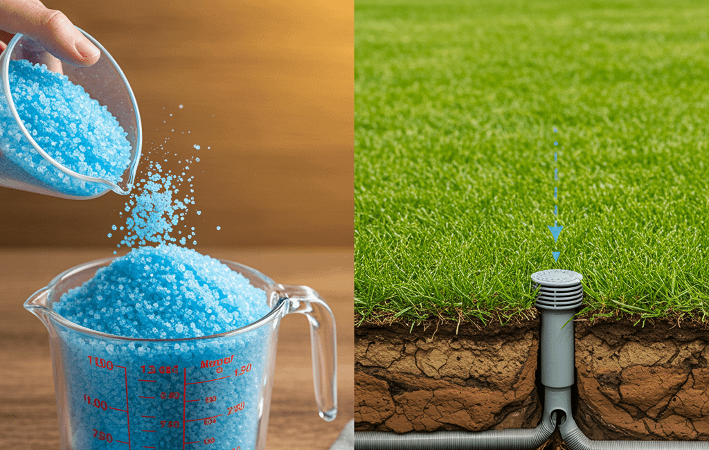 Measuring blue granular substance next to a drainage system with roots in the ground.