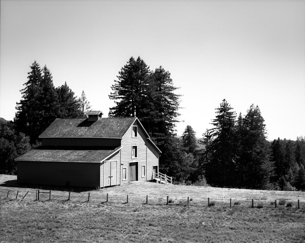 Black and white image of a barn with a sloped roof and trees in the background.