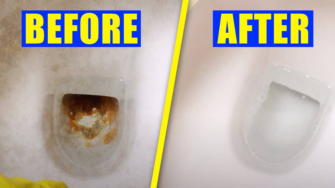 Side-by-side comparison of a toilet bowl before and after cleaning, showing significant difference in appearance.