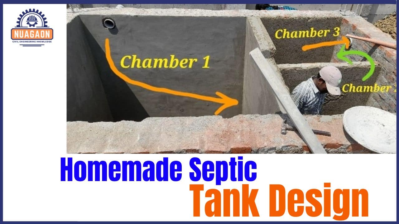 Homemade septic tank design showing three chambers labeled 1, 2, and 3 with a worker present.