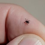 a small black insect sitting on top of a persons finger