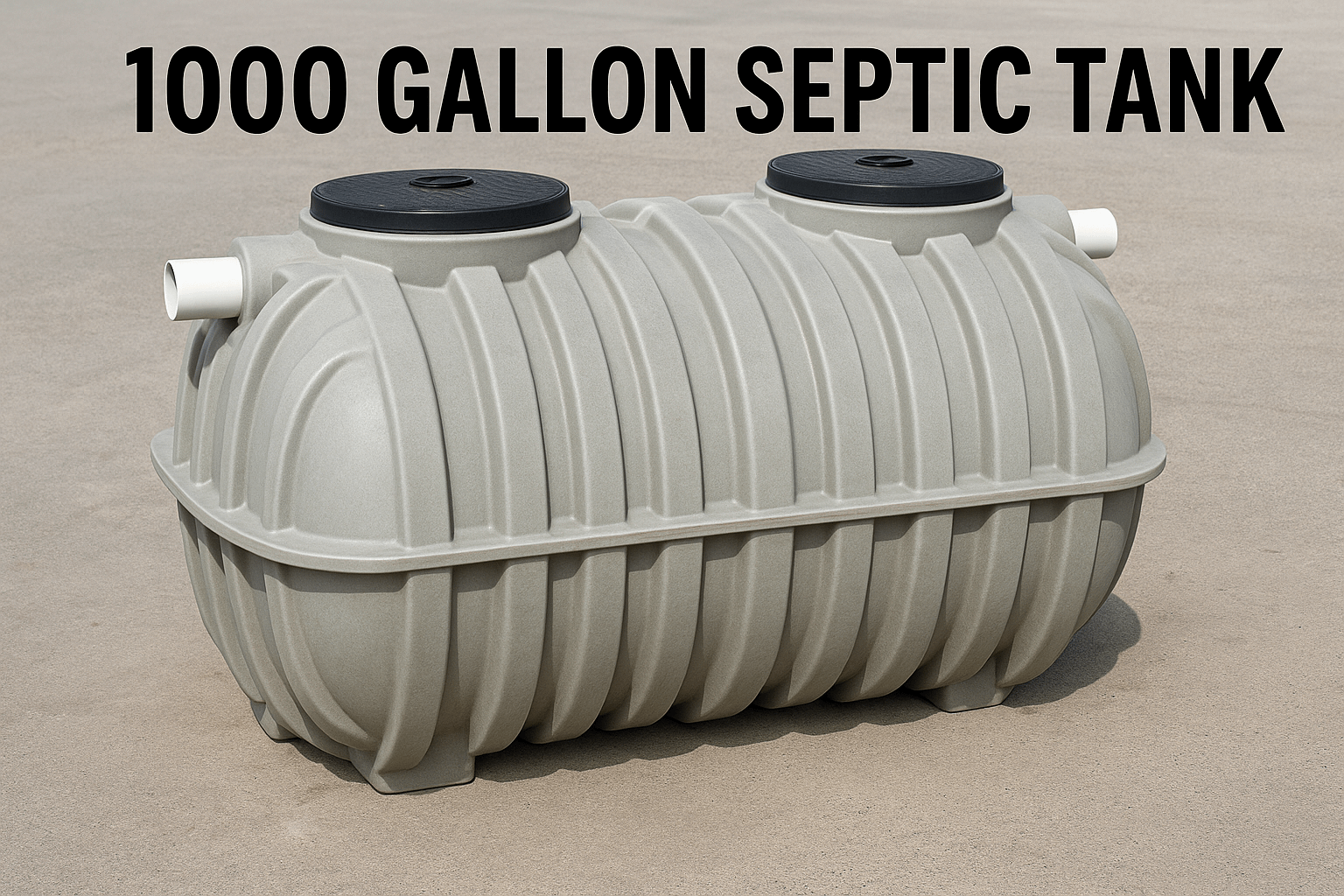 A 1000 gallon septic tank made of durable material with two access lids on top.