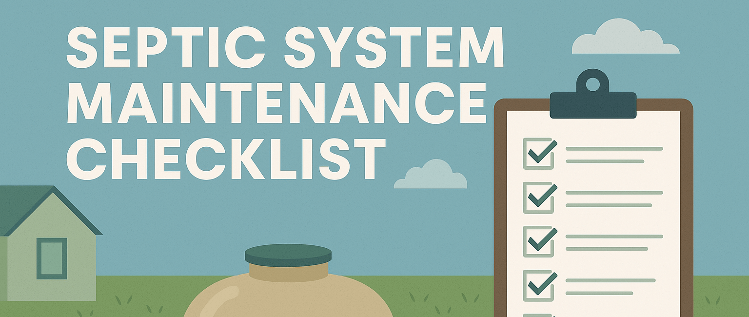 Illustration of a septic system maintenance checklist with a tank and clipboard.