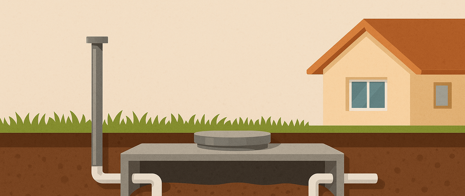 Illustration showing a septic tank with water and waste layers, connected to a house and drainage pipe.