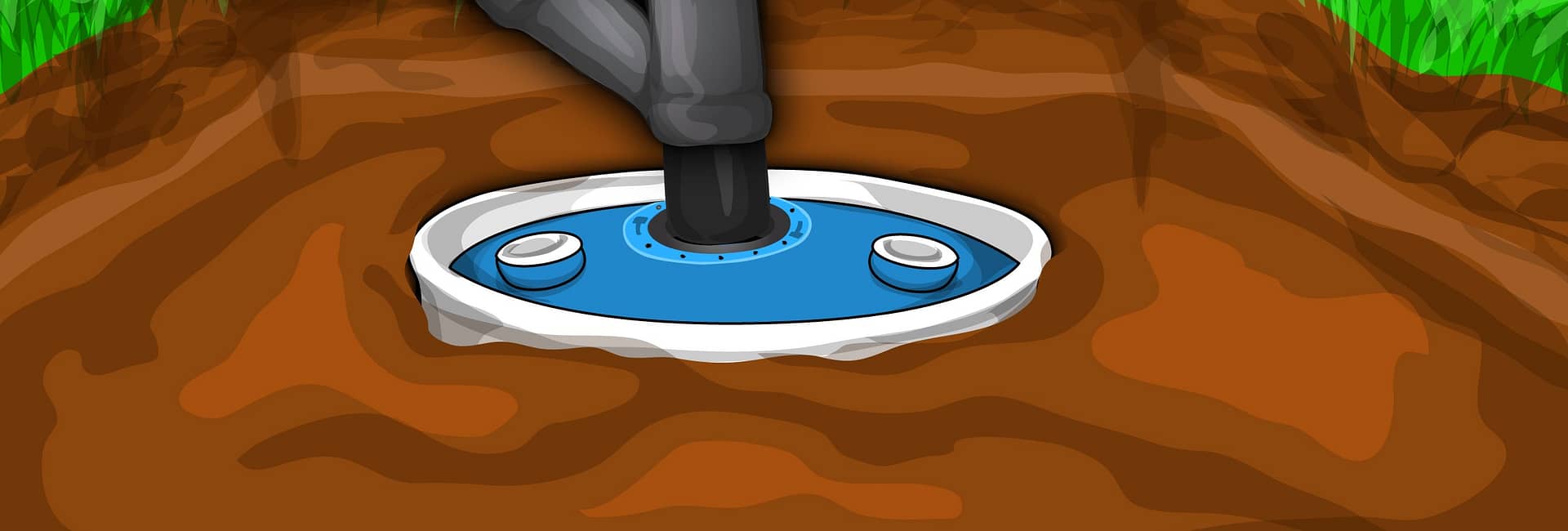 Illustration showing a septic tank with a pipe and a bucket pouring water into it.