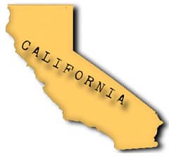 Yellow outline map of California with the word 'California' printed in black across it.