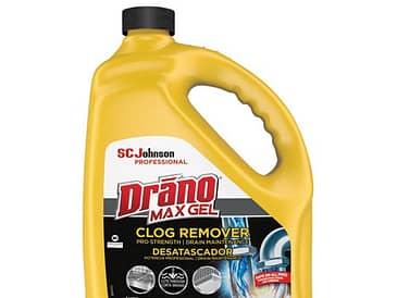 Yellow bottle of Drano Max Gel Clog Remover with a black cap and handle.