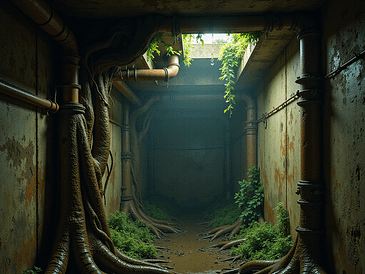 An underground passage featuring large tree roots extending from the walls and floor.