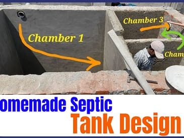 Homemade septic tank design showing three chambers labeled 1, 2, and 3 with a worker present.