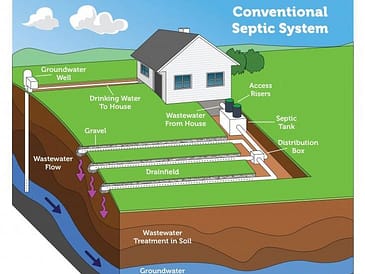 Illustration of a conventional septic system showing components like the septic tank and drainfield.
