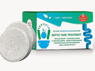 Box of Septifix septic tank treatment tablets with two tablets displayed in front.