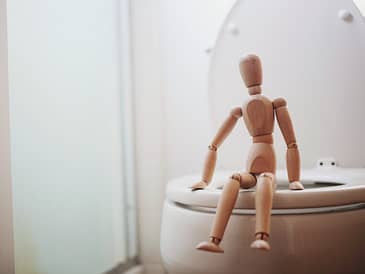 Wooden articulated figure sitting on the rim of a toilet in a bathroom setting.