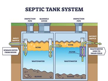 Illustration of a septic tank system showing compartments, baffles, and wastewater flow.
