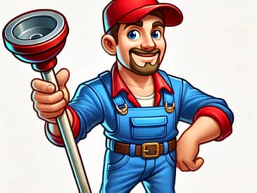 DALL·E 2024 06 17 09.55.50 A cartoon image of a plumber holding a plunger. The plumber is a middle aged man with a friendly expression, wearing a blue jumpsuit, a red cap, and b