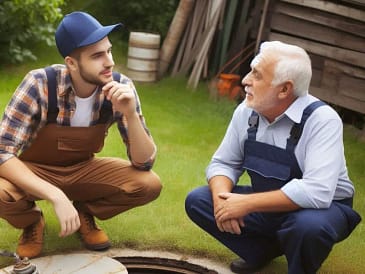 Two men discussing over a septic tank lid while kneeling on grass.
