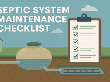 Illustration of a septic system maintenance checklist with a tank and clipboard.