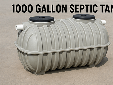A 1000 gallon septic tank made of durable material with two access lids on top.