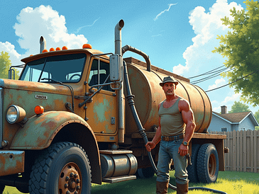 A man in a tank top and boots stands next to a rusty septic tank truck in a grassy area.