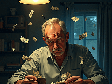 An older man sitting at a table surrounded by scattered dollar bills and coins while counting money.