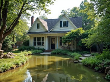 A house with a sloped roof reflected in a pond surrounded by greenery.