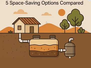 Illustration of a septic system with space-saving options, showing tank and pipes underground.