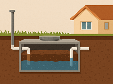 Illustration showing a septic tank with water and waste layers, connected to a house and drainage pipe.