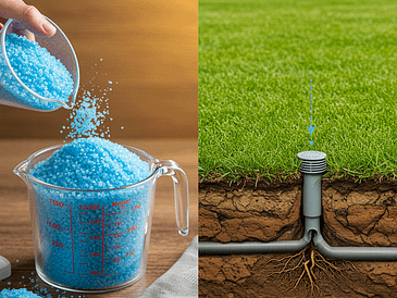 Measuring blue granular substance next to a drainage system with roots in the ground.