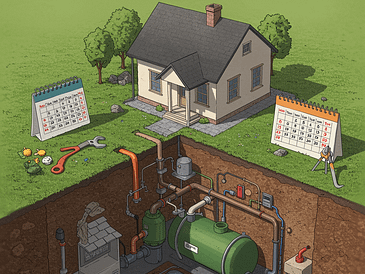Illustration showing a cross-section of a residential septic system with pipes and tanks.