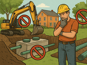 Illustration of a construction worker pondering over septic tank installation with warning signs.