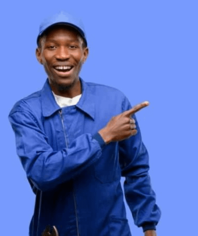 Man wearing a blue work uniform and cap, smiling and pointing to the right against a blue background.