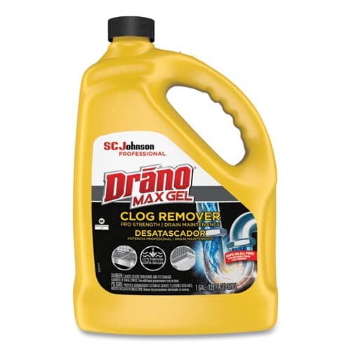 Yellow bottle of Drano Max Gel Clog Remover with a black cap and handle.