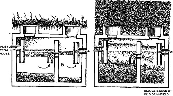 Diagram illustrating the functionality of a septic tank with labeled components and flow directions.