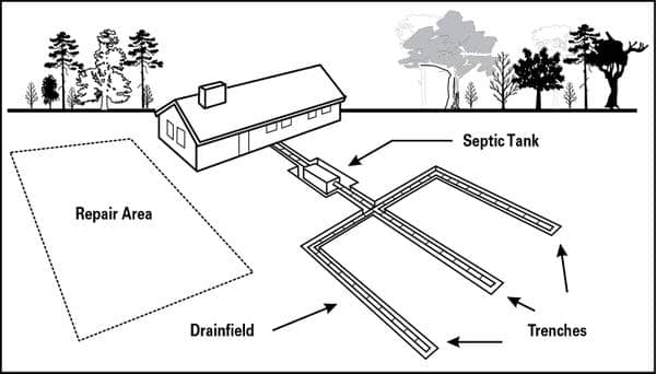 Illustration showing the layout of a septic system including a tank, drainfield, and trenches.