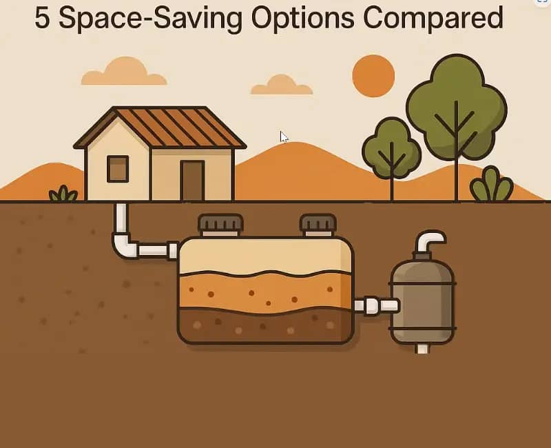 Illustration of a septic system with space-saving options, showing tank and pipes underground.