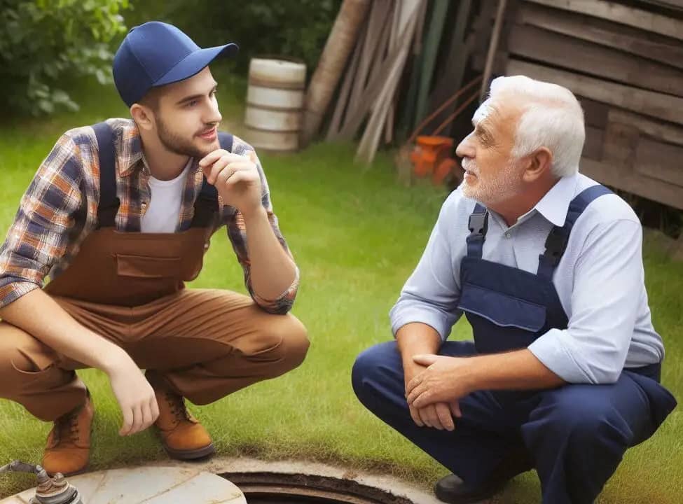 Two men discussing over a septic tank lid while kneeling on grass.